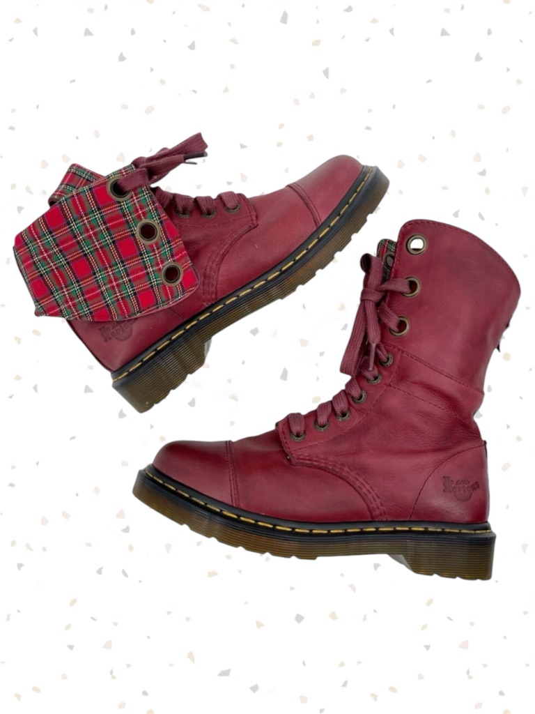 Dr. Martens Aimilie Red Leather Fold Over Biker Boot Tartan Green Grunge Docs 7